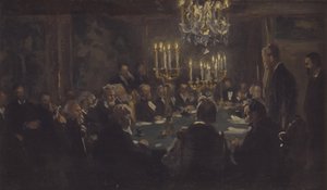 Komposisjonsskisse til «Et møte i Vitenskapens Selskap» i Vitenskapens Selskap av Peder Severin Krøyer