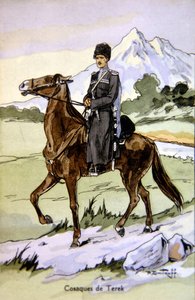 Postkort som viser en Terek Cossack, ca. 1914 (litho i farger) av P. (after) Dmitroff