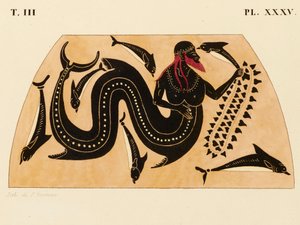 Trykk av dekorasjonen på en gresk amfora, som viser Poseidon akkompagnert av delfiner, ca. 1858 (akvarell og kroppsfarge over litho på vevd papir) av P. Bineteau
