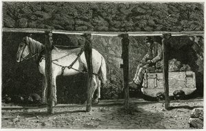 Interiør i et galleri med berlaine. Gravering av Ferat, for å illustrere historien "" Belgia", av Camille Lemonnier (1844-1913) belgisk forfatter. Publisert i Le Tour du monde, nouveau journal des voyages, 2. semester 1884, redigert av Edouard Charton (180 av P. Ferat