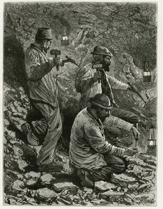Gruvearbeidere trekker ut kull i blodåren. Gravering av Ferat, for å illustrere historien "" Belgia "", av Camille Lemonnier (1844-1913) belgisk forfatter. Publisert i Le Tour du monde, nouveau journal des voyages, 2. semester 1884, red av P. Ferat