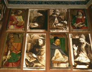 Studiet til Federigo da Montefeltro, hertugen av Urbino, med klokken fra TL: Euklides av Megara, gresk filosof (450-374 f.Kr.); Vittorino da Feltre, italiensk pedagog (1378-1446); Solon, athensk lov av P. Joos van Gent and Berruguete