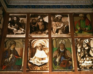 Studiet av Federigo da Montefeltro, hertug av Urbino, med klokken fra TL: De greske filosofene Platon (ca.427-347 f.Kr.) og Aristoteles (384-322 f.Kr.); Ptolemaios, astronom (ca. 90-168); Boethius, filosof (ca. 48 av P. Joos van Gent and Berruguete