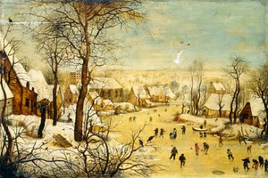 En landsby om vinteren med en fuglefelle og skatere på en frossen vannvei, av P. the Younger Brueghel