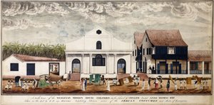 En sørlig utsikt over Wesleyan Mission House, Colombo på øya Ceylon, reist Anno Domini 1816, ca. 1816 (akvarell) av P. van Houten