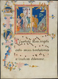 Manuskriptblad med Saint Bartholomews martyrium, fra en Laudario, ca. 1340.