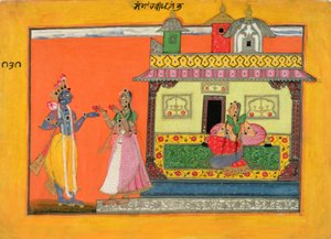 Krishna ankommer Radhas hus, illustrasjon fra et manuskript av Rasamanjari fra Bhanudatta, Basholi-stil, ca. 1660-70