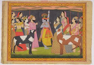 Krishna løfter Govardhana-fjellet, fra Bhagavata purana, Kulu, Himachal Pradesh, 1749