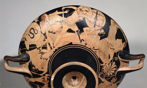 Detalj av en kopp med rød figur på loftet som viser scener fra den trojanske krigen, ca. 490 f.Kr. (keramikk) (se 92562 og 211797 for interiør) av Painter Brygos