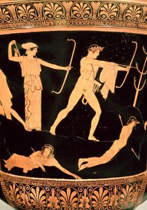The Death of the Niobids, detalj fra en attisk rød-figur calyx-krater, ca. 450 f.Kr. (keramikk) (detalj fra 19106, se også 92576) av Painter Niobid