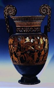 Loftet rød-figur volut-krater, dekorert med en scene med skuespillere og musikere som forbereder en forestilling før Bacchus og Ariadne, gresk, fra Ruvo, 5. århundre f.Kr. (keramikk) (se også 119445-7) av Painter Pronomos