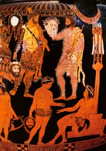 Voluttkrater med rød figur med en skuespiller som holder masken sin, fra Ruvo, ca. 410 f.Kr. (keramikk) av Painter Pronomos