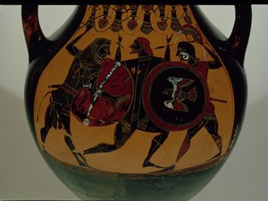 Attisk svartfigur amfora dekorert med en scene av Herakles kledd i et løveskinn som kjemper mot Cycnus, ca. 540 f.Kr. (keramikk) av Painter of Berlin