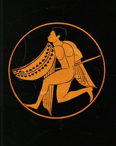 Svart kriger. Midtmedaljong av en rødfiguret kopp, fra Poggio Sommavilla, Etruria. 510–500 f.Kr. … av Painter of London
