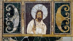 Innlagt marmor som viser Kristi ansikt, gjenstand fra Roma, Italia, tidlig kristen periode av Paleo Christian