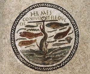 Mosaikk med anker omgitt av fisk, symbol på Kristus og hans tilhengere, Catacombs of Sousse, Tunisia, tidlig kristen periode, 4. århundre
