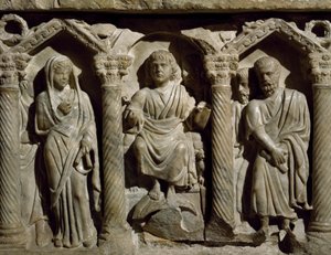 Tidlig kristen sarkofag også kjent som Sarkofag av salige Giles, marmor, Oratory of San Bernardino, Perugia, Umbria, Detalj, Italia, 4. århundre