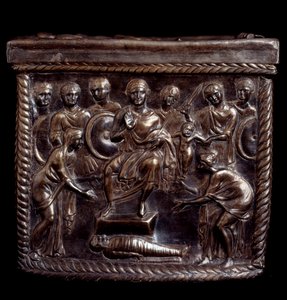 Paleochristian Art: Sølv relikvieskrin kjent som Capsella de San Nazaro (sølv relikvieskrin av st Nazaro) - 370-397 apres JC Milan, Tesoro del Duomo Italia av Paleo Christian