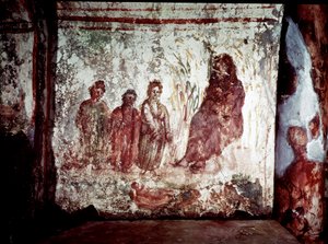 Paleokretisk kunst (perioden i det gamle Roma): Moses redder fra Nilens vann av Faraos datter. Freske av katakomben på Via Latina i Roma. 4. århundre. - Tidlig kristen kunst. Moses reddet opp fra vannet. Fresco, 4. århundre e.Kr. Catacom av Paleo Christian