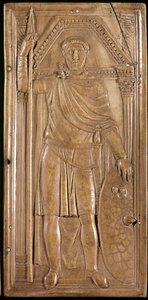 Stilicon in arms, general, patrice og konsul for det vestlige romerske riket. Høyre panel av dyptikken til Stilicho (skulptur på elfenben, ca. 395) av Paleo Christian