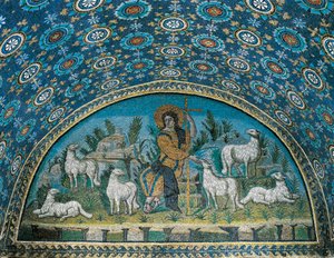 Den gode hyrde, mosaikk av rammen over inngangsdøren til Mausoleum of Galla Placidia, c425 (mosaikk)