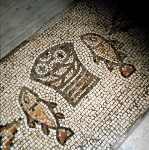 Mirakel av fisk og brød, mosaikk 4. eller 5. århundre av Paleo Christian