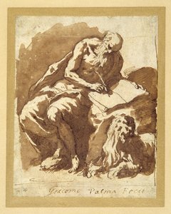 St. Jerome sitter på en stein og skriver (penn og blekk med vask på papir) av Palma Il Giovane