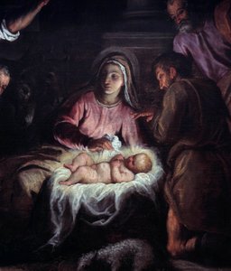 Hyrdenes tilbedelse Detalj av et maleri av Palma Giovane (1544-1628). Geneve fra 1600-tallet, museum for kunst og historie