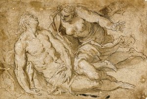 Venus oppdager den døde Adonis (svart kritt, penn og brunt blekk på papir) av Palma Il Giovane