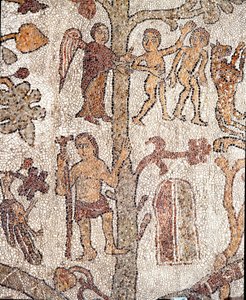 Adam og Eva jakter fra Jordens paradismosaikk av Pantaleone, prest og mosaist. 1163-1166. Sentralskipet til katedralen i Otranto av Pantaleon