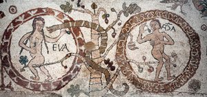 The Temptation of Adam and Eva Mosaic av Pantaleone, prest og mosaist. 1163-1166. Det sentrale skipet til katedralen i Otranto (Otranto), Italia av Pantaleon Pantaleon
