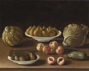 Stilleben med pærer, fersken, fiken, en melon, kål og marg