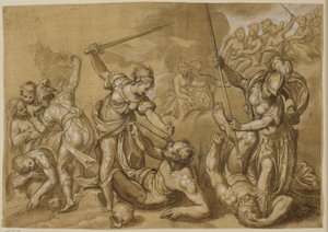 Justice, Mercury og Minerva beseirer lastene mens en gruppe gudinner ser på fra skyene