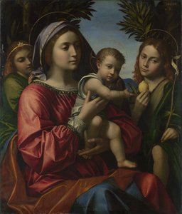 Jomfruen og barnet med døperen og en engel, ca. 1516 av Paolo Morando