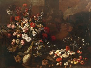 Stilleben med blomster, frukt, sopp og fugler (olje på lerret)
