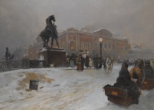 Anichkov-broen på Nevsky Prospekt i skumringen