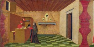 Predella av vertens vanhelligelse: Den kristne kvinne tvunget til å innløse sin kappe til prisen for den innviede vert av en jødisk pantelåner, ca. 1467-69 (tempera på panel) (detalj) av Paolo Uccello