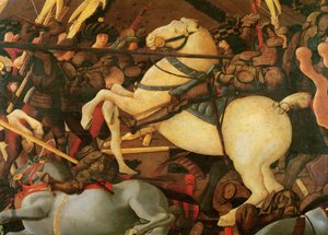 Slaget ved San Romano, detalj av Bernardino della Ciarda slo av hesten hans, ca. 1456, tempera på panel