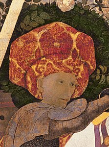 Slaget ved San Romano, detalj av lederen til Niccolo da Tolentino d.1435 leder for de florentinske leiesoldatene, ca. 1450-60 tempera på paneldetalj av 30690 av Paolo Uccello