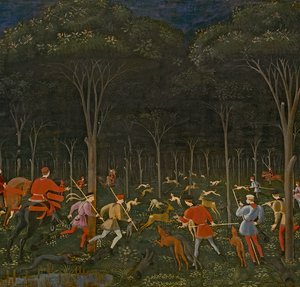 The Hunt in the Forest, ca. 1465-70 olje på paneldetalj av 100861
