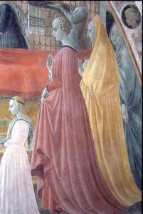 Jomfruens fødsel, detalj som skildrer kvinnene i donorfamilien, fra Himmelfartens kapell av Paolo Uccello