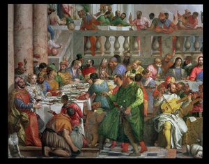 The Marriage Feast at Cana, detalj av bankettbord med mann i en grønn kappe og dverg med en papegøye, c.1562 olje på lerret detalj av 94932 av Paolo Veronese