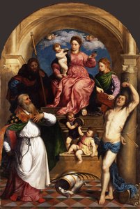 Tronet Madonna med barn og hellige, ca 1530 av Paris Bordone