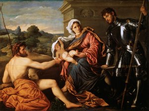 Madonna and Child, Saint John the Baptist og Saint George, tidlig på 1530-tallet av Paris Bordone
