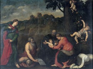 Den hellige familie med de hellige Jerome, Katarina av Alexandria og engler (olje på lerret) av Paris Bordone