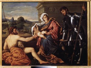 "Madonna and Child, Saint John the Baptist and Saint George" (Madonna and Child, Saint John the Baptist og Saint George) Maleri av Paris Bordon eller Bordone (1500-1571) rundt 1530 Pouchkine Museum, Moskva av Paris Bordone