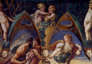 Actaeon med hans ledsagere, detalj fra Myth of Diana and Actaeon, rundt 1524, av Francesco Mazzola, kjent som Parmigianino (1503-1540), freskomaleri, Room of Diana and Actaeon, Rocca Sanvitale, Fontanellato, nær Parma, Emilia-Romagna, Italia av Parmigianino