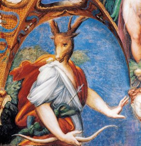 Actaeons transformasjon til hjort, fra Myth of Diana and Actaeon, rundt 1524, av Francesco Mazzola kjent som Parmigianino (1503-1540), freskomaleri, Room of Diana and Actaeon, Rocca Sanvitale, Fontanellato, nær Parma, Emilia-Romagna, Italia av Parmigianino