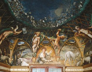 Ceres deltar på arrangementer omgitt av jakthunder og kjeruber, fra Myth of Diana and Actaeon av Parmigianino