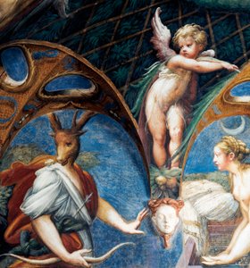 Diana som gjør Actaeon til hjort, detalj fra Myth of Diana and Actaeon, rundt 1524, av Francesco Mazzola, kjent som Parmigianino (1503-1540), freskomaleri, Room of Diana and Actaeon, Rocca Sanvitale, Fontanellato, nær Parma, Emilia-Romagna, Italia